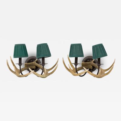 Pair of Rustic Resin Faux Antler Wall Sconces with Small Green Pleated Shades