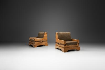 Pair of Rustic Wooden Armchairs with Metal Elements Europe Mid 20th Century
