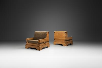 Pair of Rustic Wooden Armchairs with Metal Elements Europe Mid 20th Century