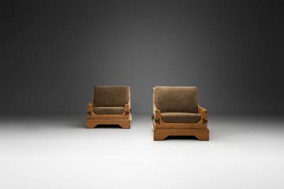 Pair of Rustic Wooden Armchairs with Metal Elements Europe Mid 20th Century