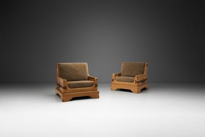 Pair of Rustic Wooden Armchairs with Metal Elements Europe Mid 20th Century