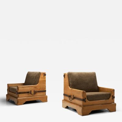 Pair of Rustic Wooden Armchairs with Metal Elements Europe Mid 20th Century