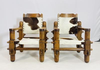 Pair of Safari Style Chairs With Cowhide Upholstery Brazil 1960s