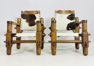 Pair of Safari Style Chairs With Cowhide Upholstery Brazil 1960s