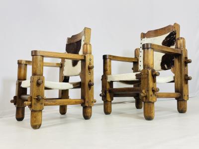 Pair of Safari Style Chairs With Cowhide Upholstery Brazil 1960s