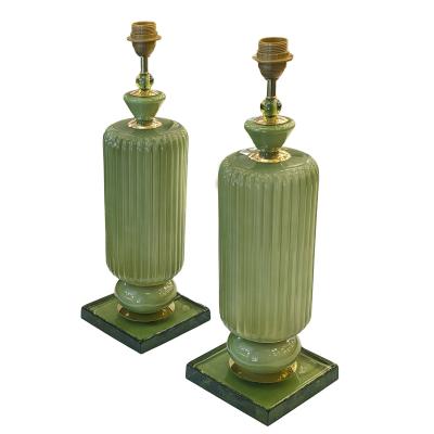Pair of Sage Green Plisse Palazzo Murano Glass Table Lamps