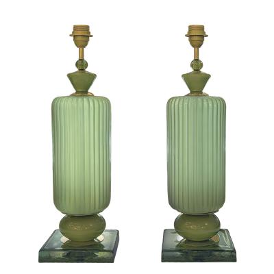 Pair of Sage Green Plisse Palazzo Murano Glass Table Lamps