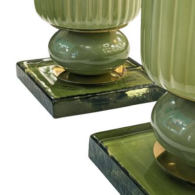 Pair of Sage Green Plisse Palazzo Murano Glass Table Lamps