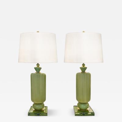 Pair of Sage Green Plisse Palazzo Murano Glass Table Lamps