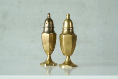 Pair of Salt and Pepper Shakers in Patinated Brass Mid 20th Century