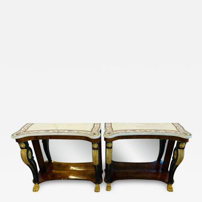 Pair of Scagliola Inlaid Marble Top Consoles Possibly by Pietto Bossi