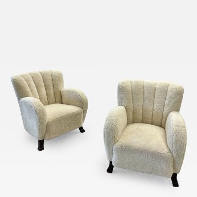 Pair of Scandinavian Art Deco Lounge Chairs Sheepskin Sweden 1930s