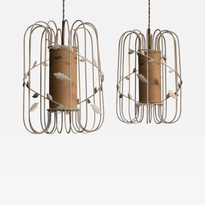 Pair of Scandinavian Modern metal cage pendants