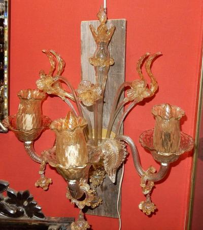 Pair of Sconces of Light Crystal of Murano with Gold Inside 1950 1970