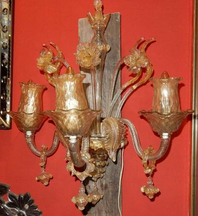 Pair of Sconces of Light Crystal of Murano with Gold Inside 1950 1970