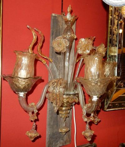 Pair of Sconces of Light Crystal of Murano with Gold Inside 1950 1970