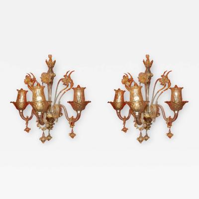Pair of Sconces of Light Crystal of Murano with Gold Inside 1950 1970