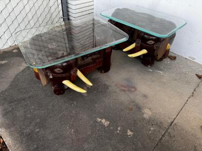 Pair of Sculpted Elephant w Tusk Hand Painted w Beveled Glass Top Tables