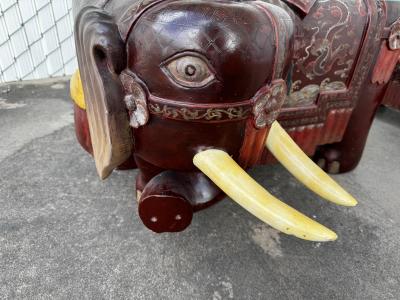 Pair of Sculpted Elephant w Tusk Hand Painted w Beveled Glass Top Tables