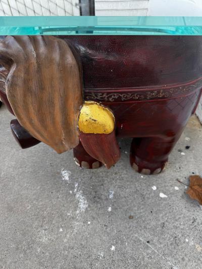 Pair of Sculpted Elephant w Tusk Hand Painted w Beveled Glass Top Tables