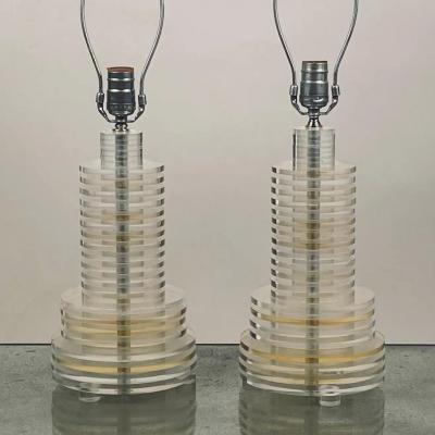 Pair of Sculptural 70s Clear and Tinted Lucite Disc Lamps