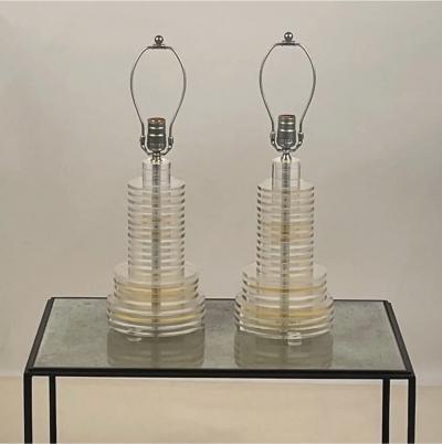 Pair of Sculptural 70s Clear and Tinted Lucite Disc Lamps