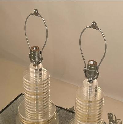Pair of Sculptural 70s Clear and Tinted Lucite Disc Lamps