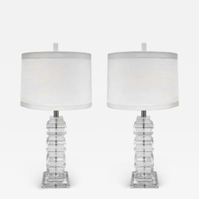 Pair of Sculptural Alternating Frosted and Clear Lucite Table Lamps 1970s