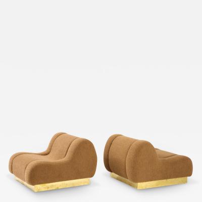 Pair of Sculptural Lounge Chairs in Camel Boucle with Brass Plinth, Italy 2023