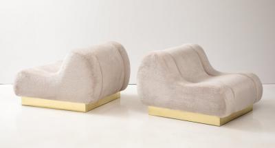 Pair of Sculptural Lounge Chairs in High Pile Beige Velvet Brass Plinth Italy