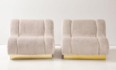 Pair of Sculptural Lounge Chairs in High Pile Beige Velvet Brass Plinth Italy