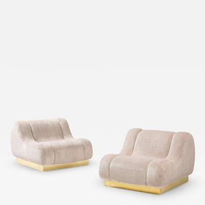 Pair of Sculptural Lounge Chairs in High Pile Beige Velvet Brass Plinth Italy