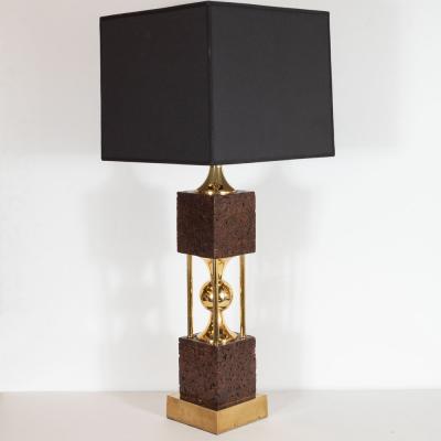 Pair of Sculptural Mid Century Modern Polished Brass and Cork Table Lamps