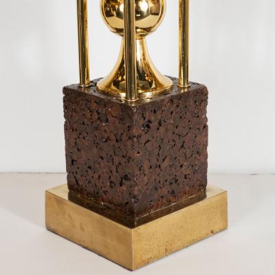 Pair of Sculptural Mid Century Modern Polished Brass and Cork Table Lamps