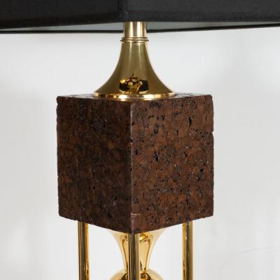 Pair of Sculptural Mid Century Modern Polished Brass and Cork Table Lamps