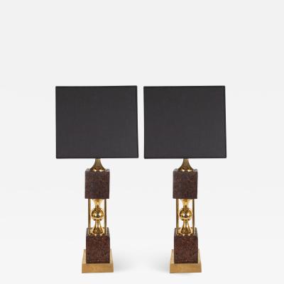 Pair of Sculptural Mid Century Modern Polished Brass and Cork Table Lamps