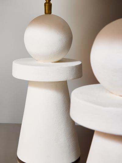 Pair of Sculptural Modern Plaster Table Lamps with Linen Shades