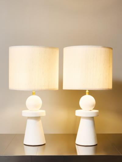 Pair of Sculptural Modern Plaster Table Lamps with Linen Shades