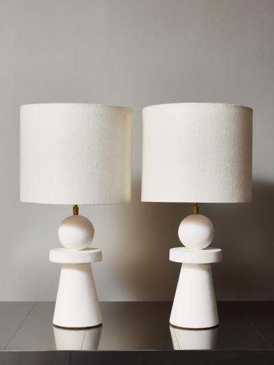 Pair of Sculptural Modern Plaster Table Lamps with Linen Shades