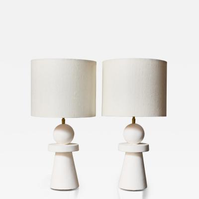Pair of Sculptural Modern Plaster Table Lamps with Linen Shades