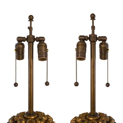 Pair of Sculptural Table Lamps in Gilded Plaster with Gold Leaf Shades 1971