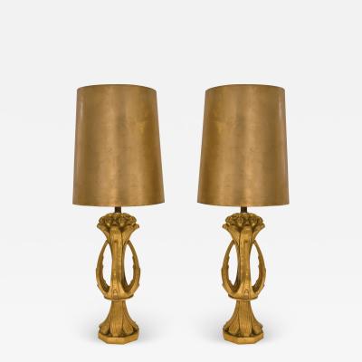 Pair of Sculptural Table Lamps in Gilded Plaster with Gold Leaf Shades 1971