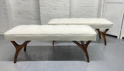 Pair of Sculptural Walnut Benches in Boucle