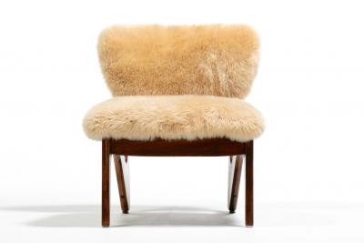 Pair of Sculptural Walnut Slipper Chairs in New Butterscotch Cream Sheepskins