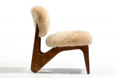 Pair of Sculptural Walnut Slipper Chairs in New Butterscotch Cream Sheepskins