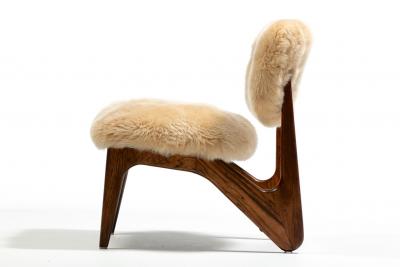 Pair of Sculptural Walnut Slipper Chairs in New Butterscotch Cream Sheepskins