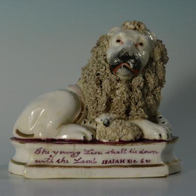 Pair of Shelton Staffordshire Lion and Lamb figures