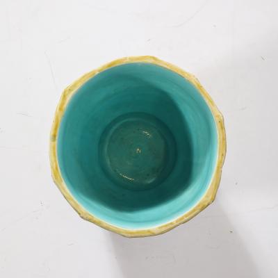 Pair of Signed Majolica Ceramic Cachepots w Birds Nests Bamboo Border Detail
