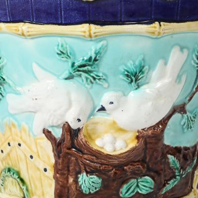 Pair of Signed Majolica Ceramic Cachepots w Birds Nests Bamboo Border Detail