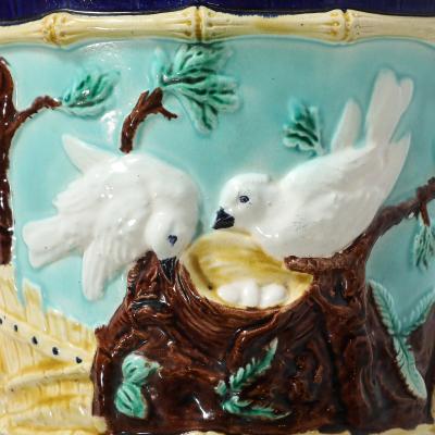 Pair of Signed Majolica Ceramic Cachepots w Birds Nests Bamboo Border Detail